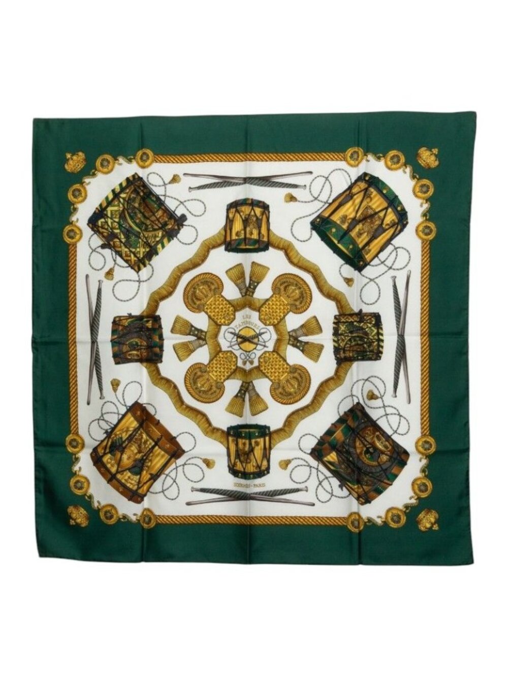Hermes Carre 90 les Tambour Drum Scarf Large Green Multicolor Silk